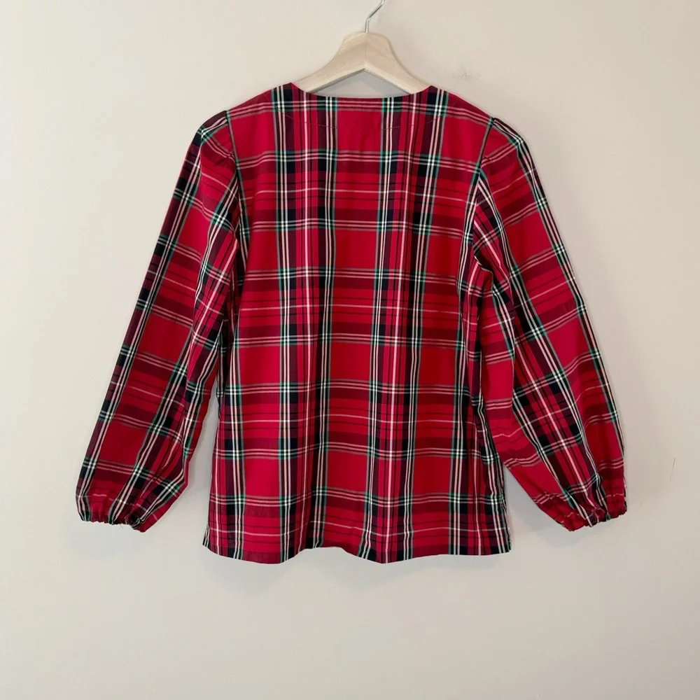 J. Crew Puff-sleeve Poplin Top in Good Tidings Plaid Keyhole Red Green Blouse XS